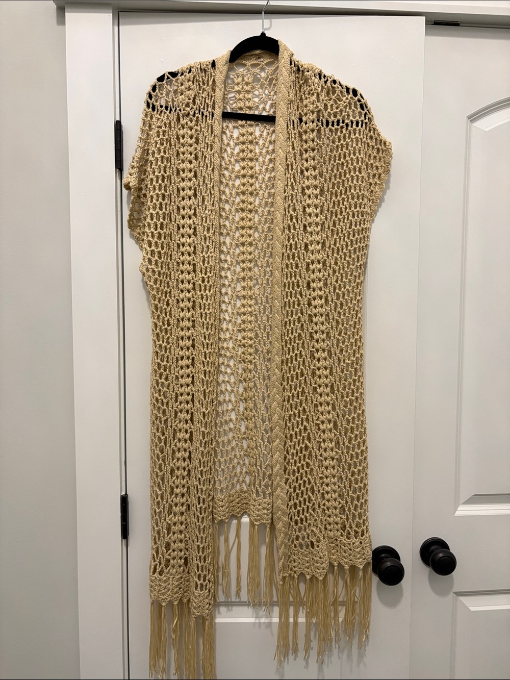 Beige Crochet Fringe Open-Front Women's Cardigan